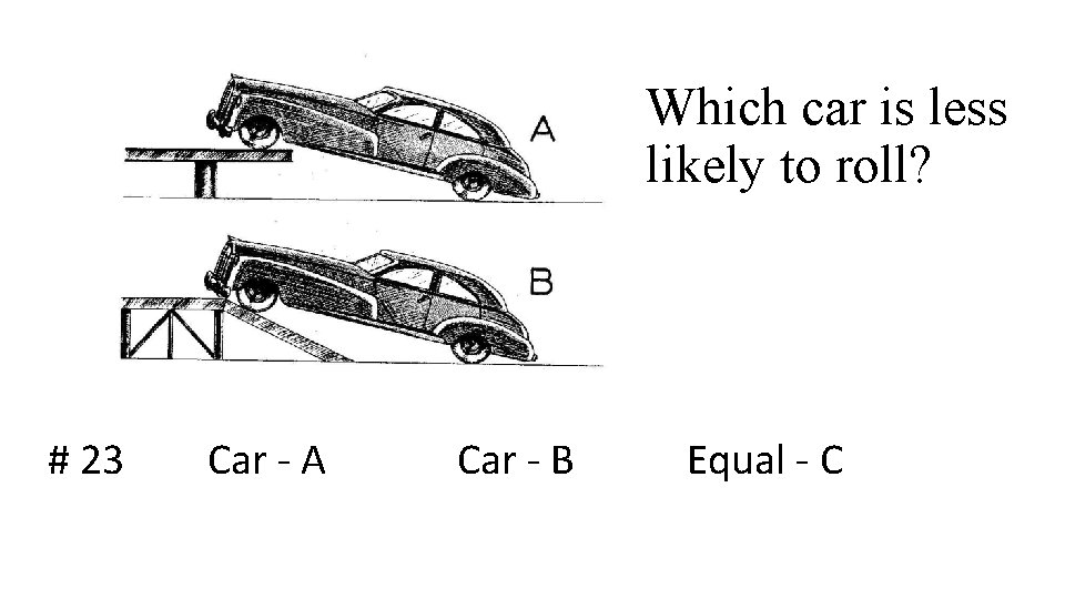 Which car is less likely to roll? # 23 Car - A Car -