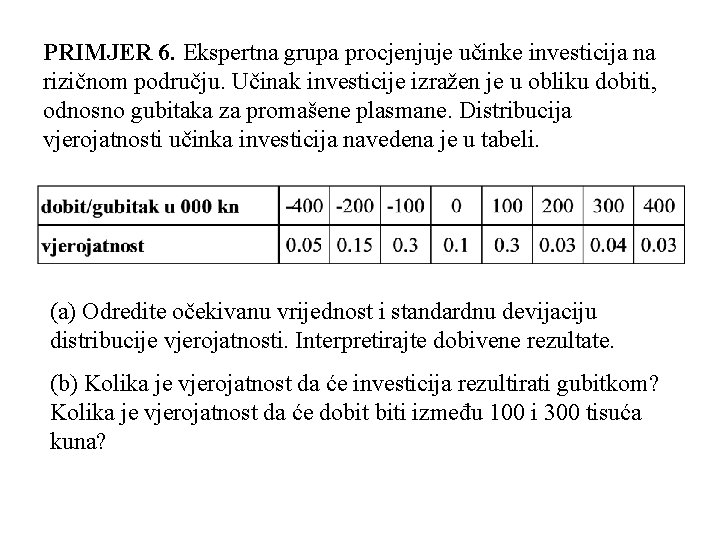 PRIMJER 6. Ekspertna grupa procjenjuje učinke investicija na rizičnom području. Učinak investicije izražen je PRIMJER 6. Ekspertna grupa procjenjuje učinke investicija na rizičnom području. Učinak investicije izražen je