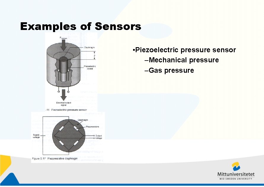 Examples of Sensors • Piezoelectric pressure sensor –Mechanical pressure –Gas pressure 