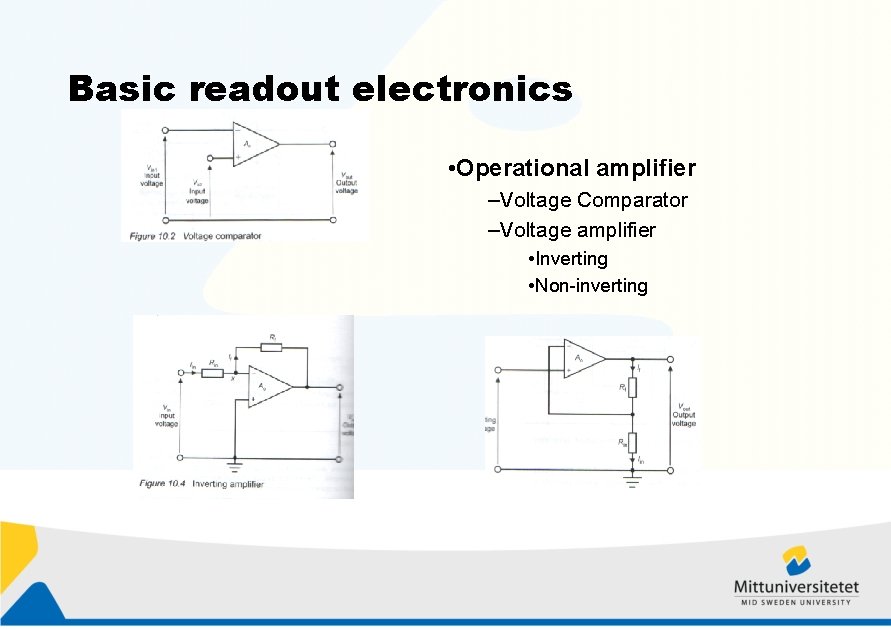 Basic readout electronics • Operational amplifier –Voltage Comparator –Voltage amplifier • Inverting • Non-inverting