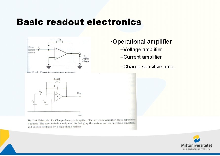 Basic readout electronics • Operational amplifier –Voltage amplifier –Current amplifier –Charge sensitive amp. 