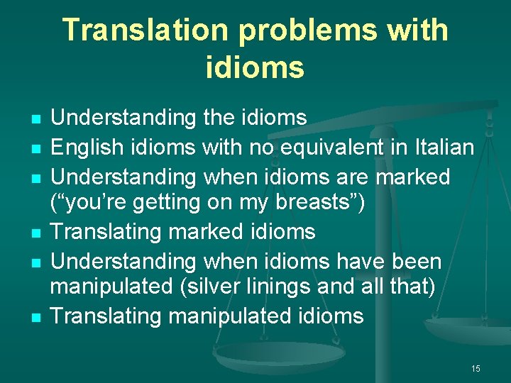 Translation problems with idioms n n n Understanding the idioms English idioms with no
