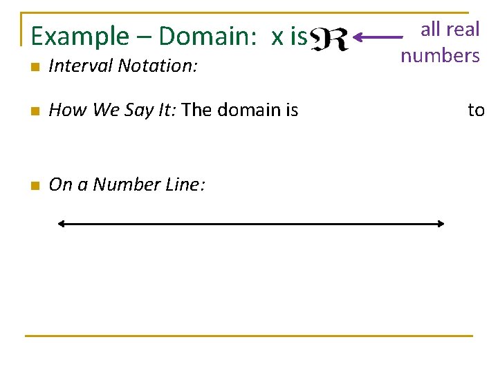 Example – Domain: x is n Interval Notation: n How We Say It: The
