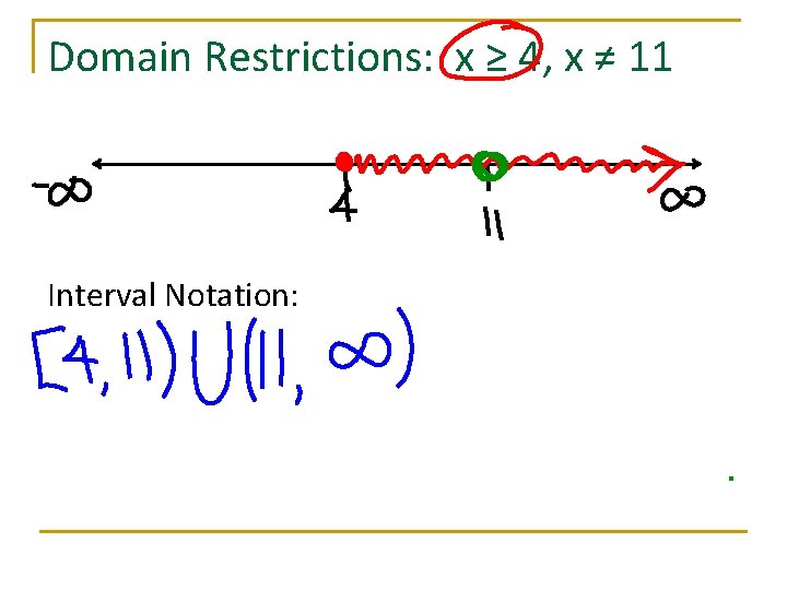 Domain Restrictions: x ≥ 4, x ≠ 11 Interval Notation: 