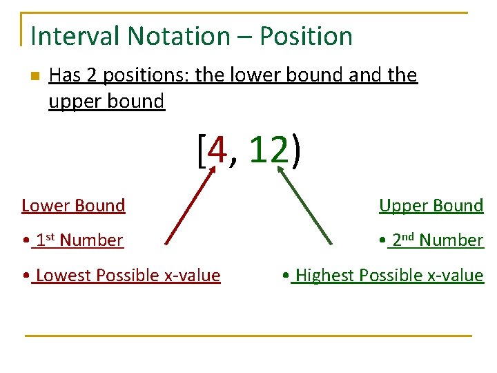 Interval Notation – Position n Has 2 positions: the lower bound and the upper