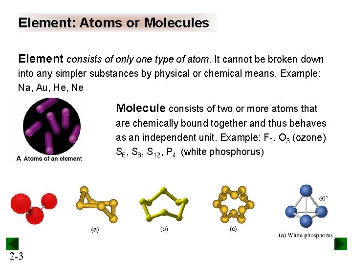 Element: Atoms or Molecules Element consists of only one type of atom. It cannot