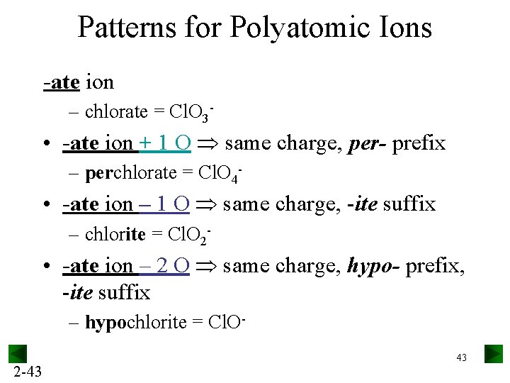 Patterns for Polyatomic Ions -ate ion – chlorate = Cl. O 3 - •