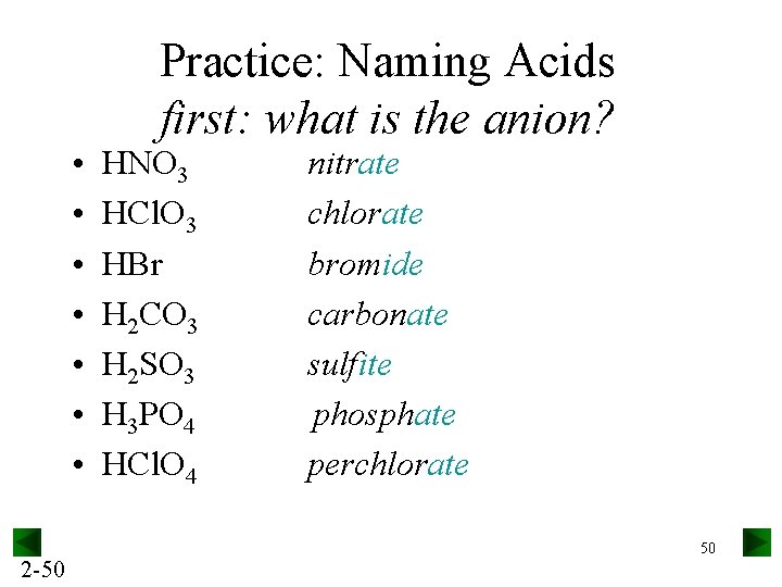  • • 2 -50 Practice: Naming Acids first: what is the anion? HNO