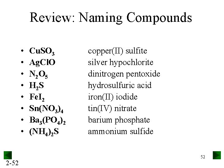 Review: Naming Compounds • • 2 -52 Cu. SO 3 Ag. Cl. O N