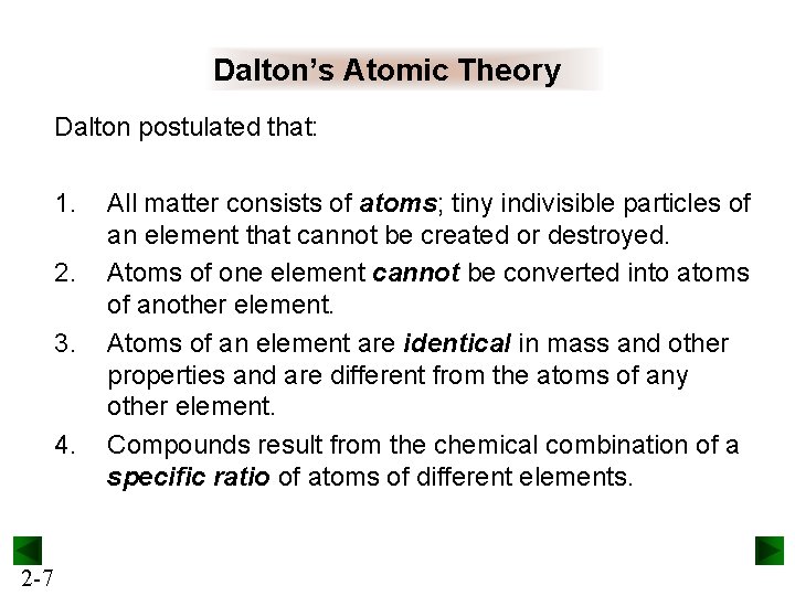 Dalton’s Atomic Theory Dalton postulated that: 1. 2. 3. 4. 2 -7 All matter