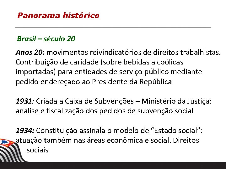 Panorama histórico Brasil – século 20 Anos 20: movimentos reivindicatórios de direitos trabalhistas. Contribuição