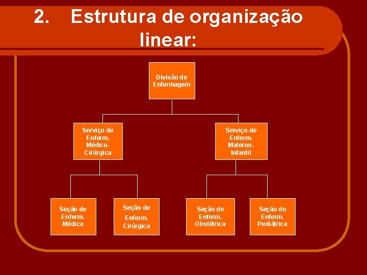 2. Estrutura de organização linear: Divisão de Enfermagem Serviço de Enferm. Médico. Cirúrgica Seção