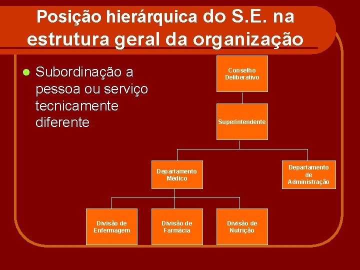 Posição hierárquica do S. E. na estrutura geral da organização l Subordinação a pessoa