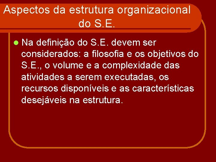 Aspectos da estrutura organizacional do S. E. l Na definição do S. E. devem