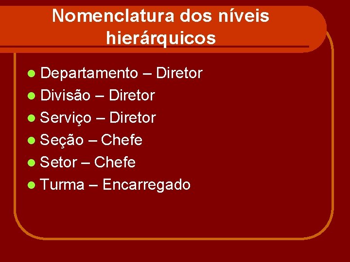 Nomenclatura dos níveis hierárquicos l Departamento – Diretor l Divisão – Diretor l Serviço