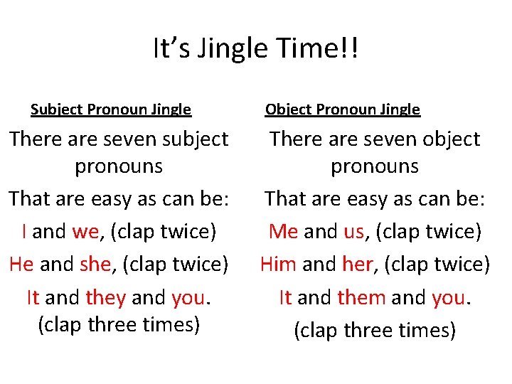 It’s Jingle Time!! Subject Pronoun Jingle There are seven subject pronouns That are easy