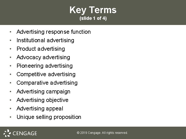 Key Terms (slide 1 of 4) • • • Advertising response function Institutional advertising