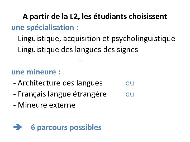 A partir de la L 2, les étudiants choisissent une spécialisation : - Linguistique,