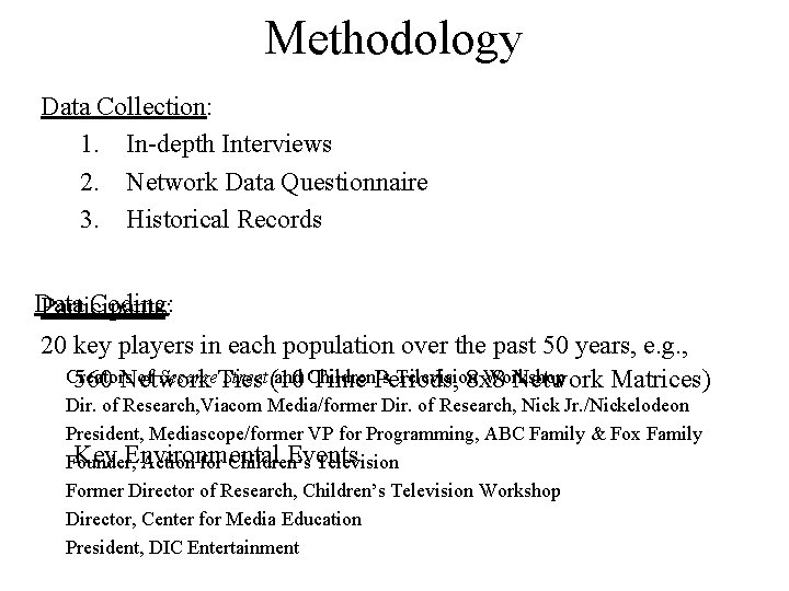 Methodology Data Collection: 1. In-depth Interviews 2. Network Data Questionnaire 3. Historical Records Data