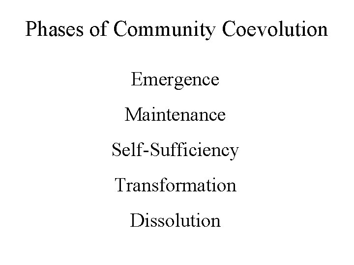 Phases of Community Coevolution Emergence Maintenance Self-Sufficiency Transformation Dissolution 