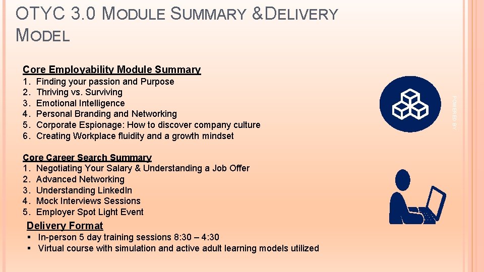 OTYC 3. 0 MODULE SUMMARY & DELIVERY MODEL Core Employability Module Summary Finding your OTYC 3. 0 MODULE SUMMARY & DELIVERY MODEL Core Employability Module Summary Finding your