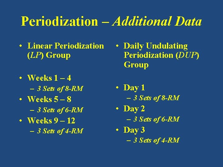 Periodization – Additional Data • Linear Periodization (LP) Group • Weeks 1 – 4