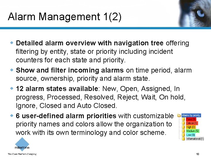 Alarm Management 1(2) w Detailed alarm overview with navigation tree offering filtering by entity,