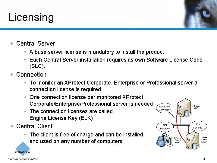 Licensing w Central Server w A base server license is mandatory to install the