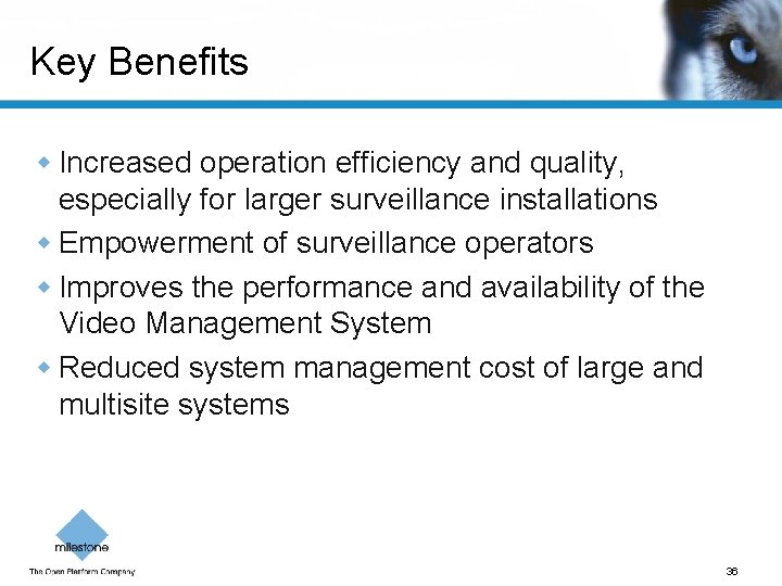 Key Benefits w Increased operation efficiency and quality, especially for larger surveillance installations w