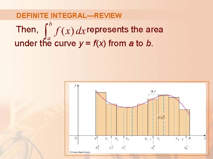 DEFINITE INTEGRAL—REVIEW Then, represents the area under the curve y = f(x) from a