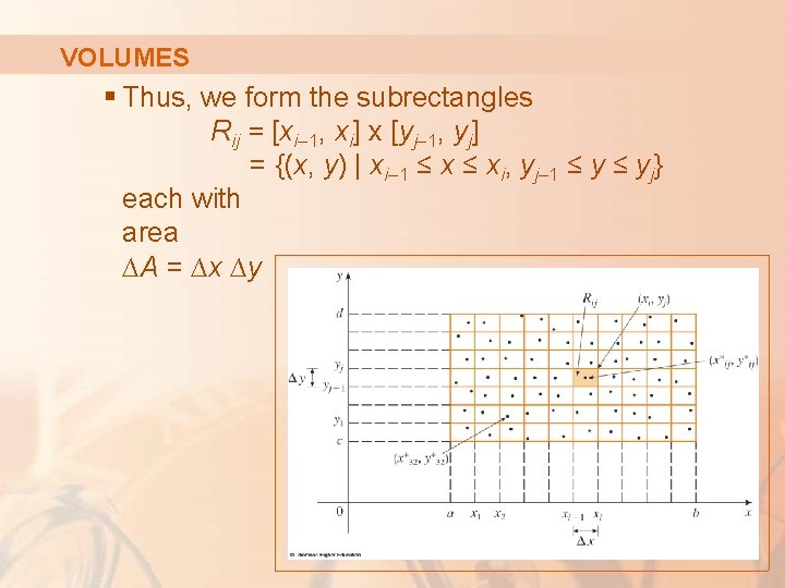 VOLUMES § Thus, we form the subrectangles Rij = [xi– 1, xi] x [yj–