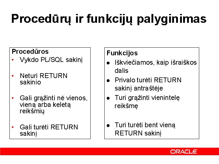 Procedūrų ir funkcijų palyginimas Procedūros • Vykdo PL/SQL sakinį • Neturi RETURN sakinio •