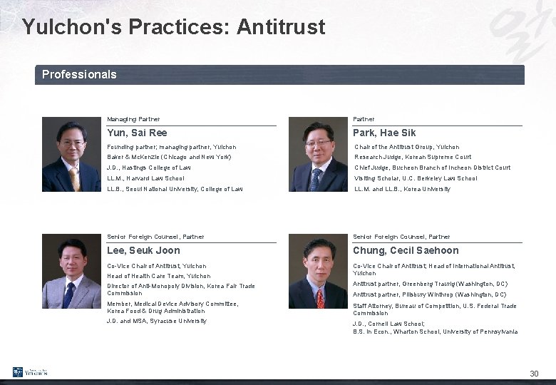 Yulchon's Practices: Antitrust Professionals Managing Partner Yun, Sai Ree Park, Hae Sik Founding partner;