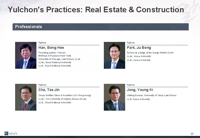 Yulchon's Practices: Real Estate & Construction Professionals Partner Han, Bong Hee Park, Ju Bong