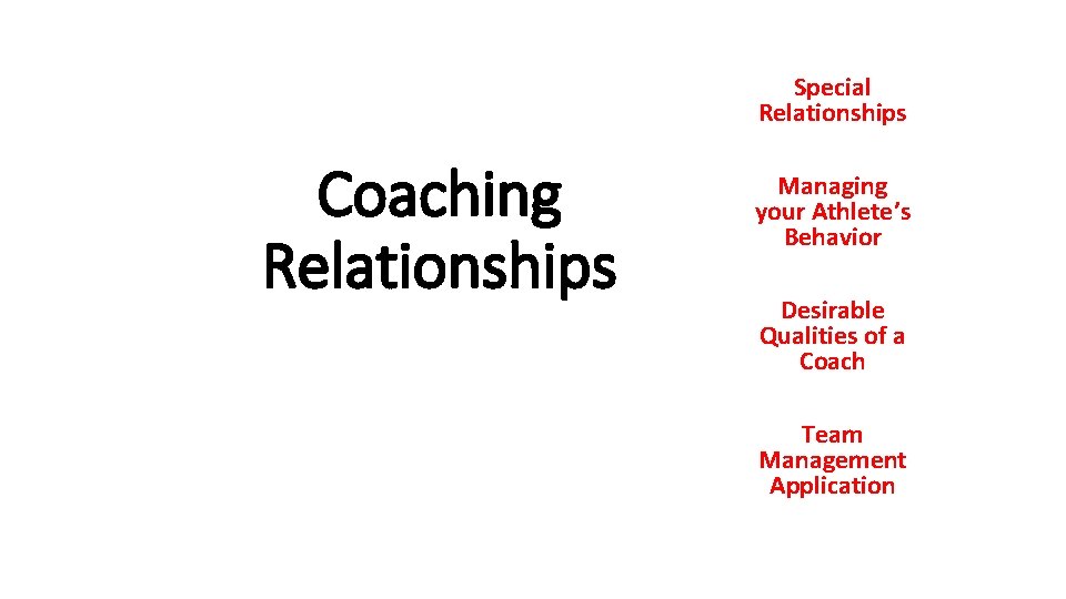 Special Relationships Coaching Relationships Managing your Athlete’s Behavior Desirable Qualities of a Coach Team