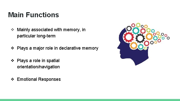 Main Functions ❖ Mainly associated with memory, in particular long-term ❖ Plays a major