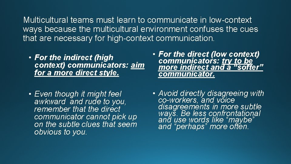 Multicultural teams must learn to communicate in low-context ways because the multicultural environment confuses