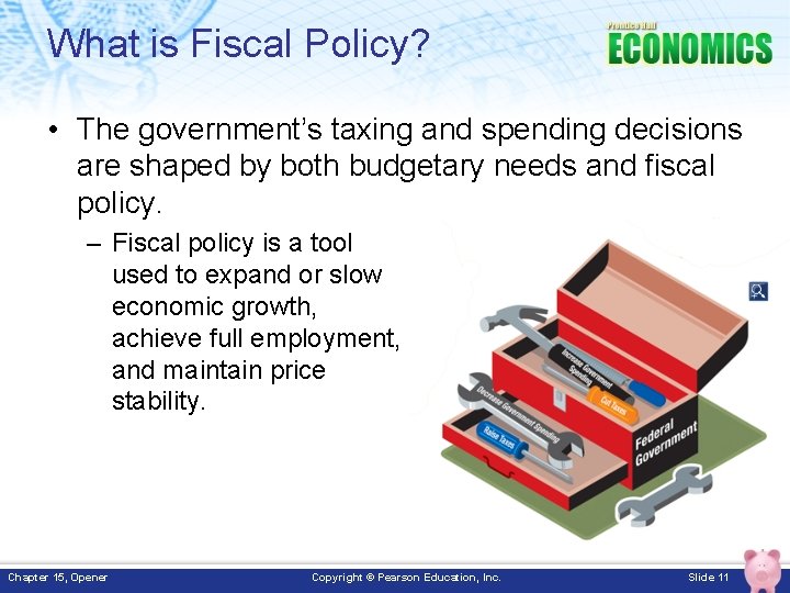 What is Fiscal Policy? • The government’s taxing and spending decisions are shaped by