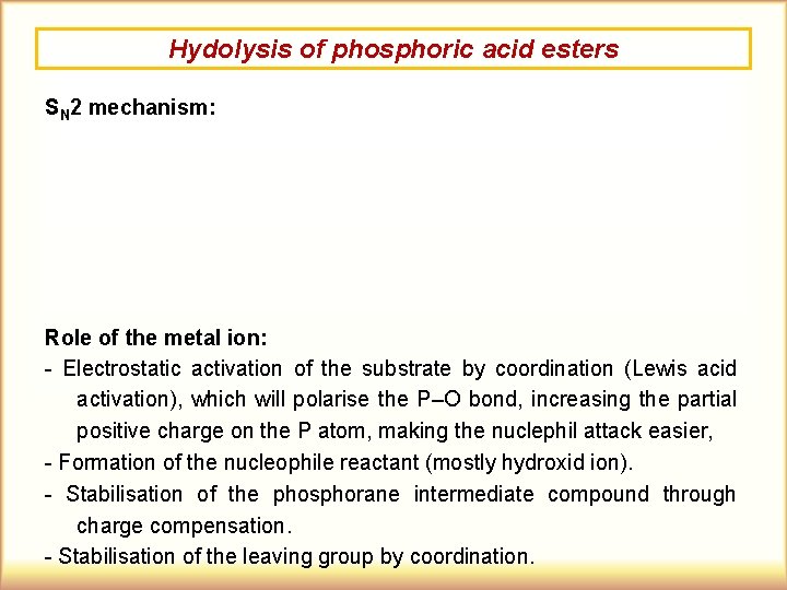 Hydolysis of phosphoric acid esters SN 2 mechanism: Role of the metal ion: -
