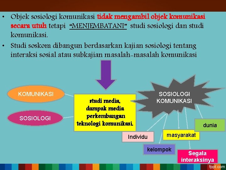  • Objek sosiologi komunikasi tidak mengambil objek komunikasi secara utuh tetapi “MENJEMBATANI” studi