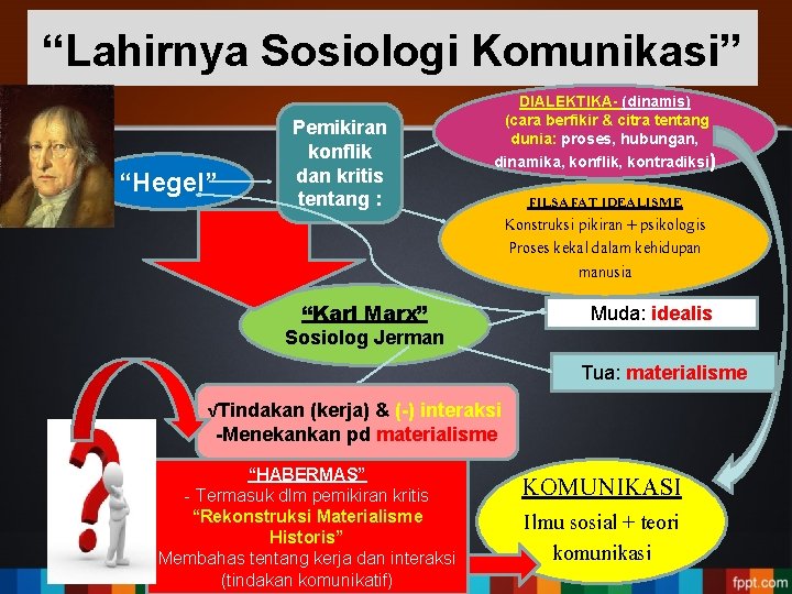 “Lahirnya Sosiologi Komunikasi” “Hegel” Pemikiran konflik dan kritis tentang : DIALEKTIKA- (dinamis) (cara berfikir