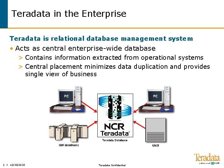 Teradata in the Enterprise Teradata is relational database management system • Acts as central