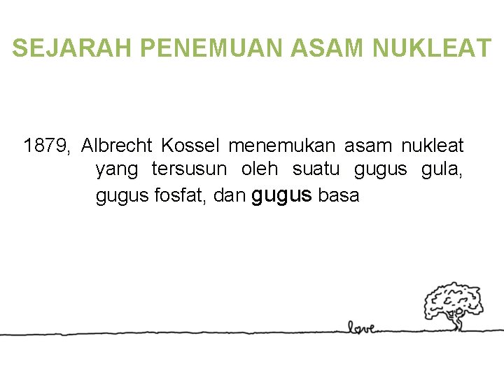 SEJARAH PENEMUAN ASAM NUKLEAT 1879, Albrecht Kossel menemukan asam nukleat yang tersusun oleh suatu