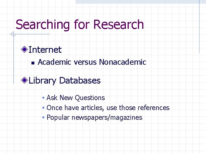 Searching for Research Internet n Academic versus Nonacademic Library Databases w Ask New Questions