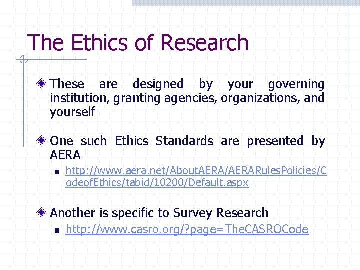 The Ethics of Research These are designed by your governing institution, granting agencies, organizations,