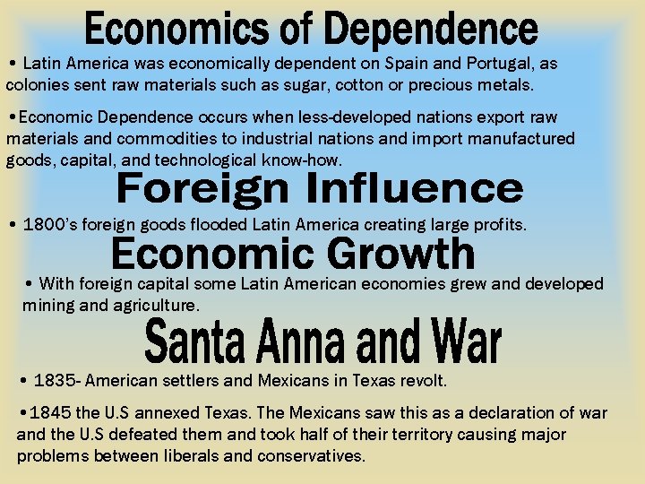  • Latin America was economically dependent on Spain and Portugal, as colonies sent