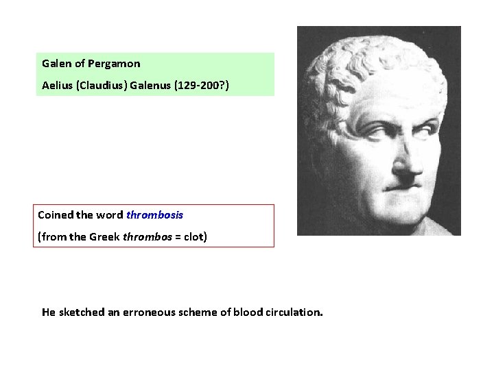 Galen of Pergamon Aelius (Claudius) Galenus (129 -200? ) Coined the word thrombosis (from