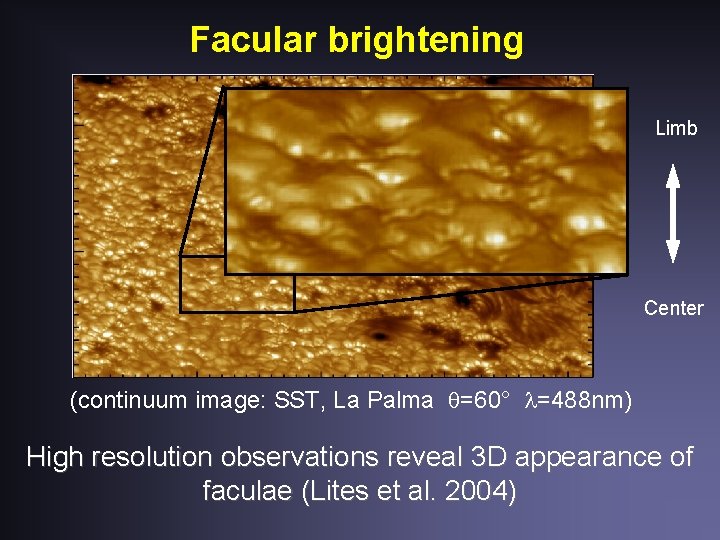 Facular brightening Limb Center (continuum image: SST, La Palma =60° =488 nm) High resolution