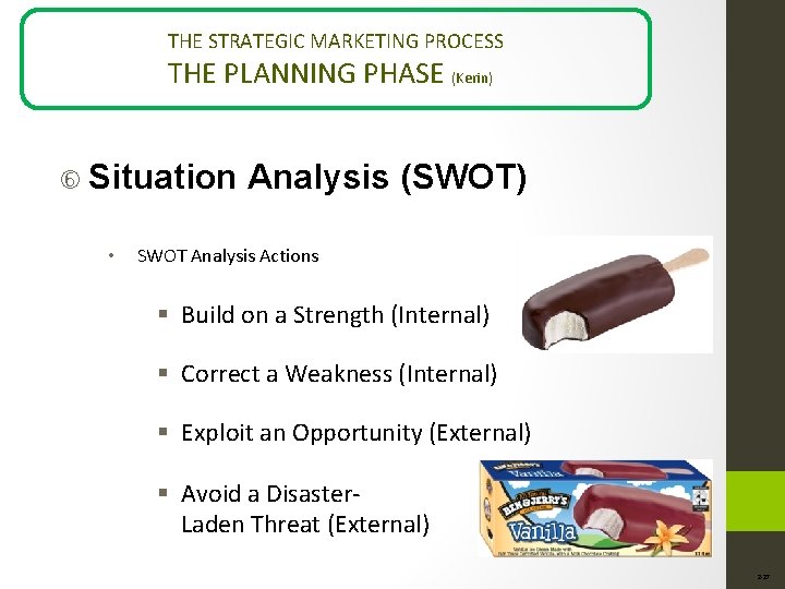 THE STRATEGIC MARKETING PROCESS THE PLANNING PHASE (Kerin) Situation • Analysis (SWOT) SWOT Analysis
