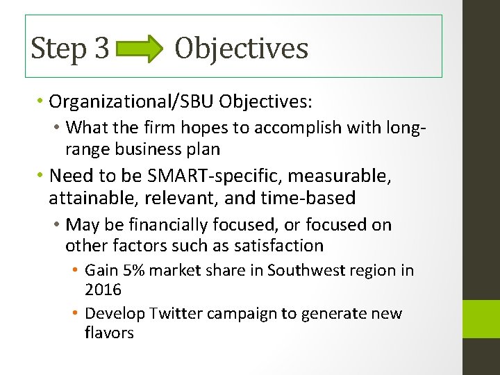 Step 3 Objectives • Organizational/SBU Objectives: • What the firm hopes to accomplish with